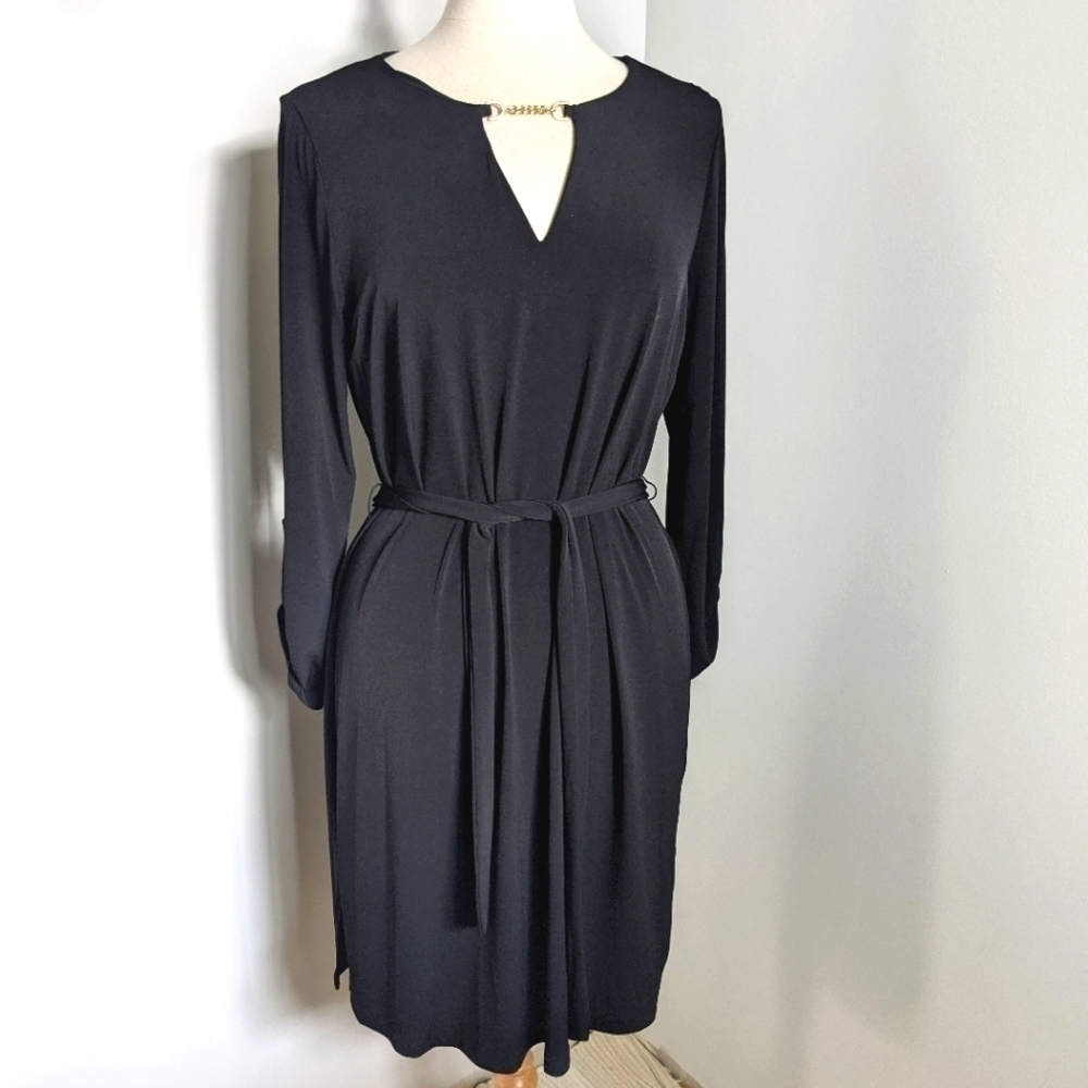 MICHAEL Kors LBD Black Jersey Shirt Dress with chain detail and belt  L